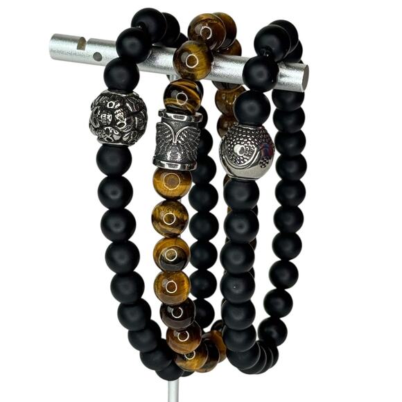 Balance & Power Men’s Bead Bracelet Skull, Yin Yang & Angel Wings Set - Picture 1 of 9